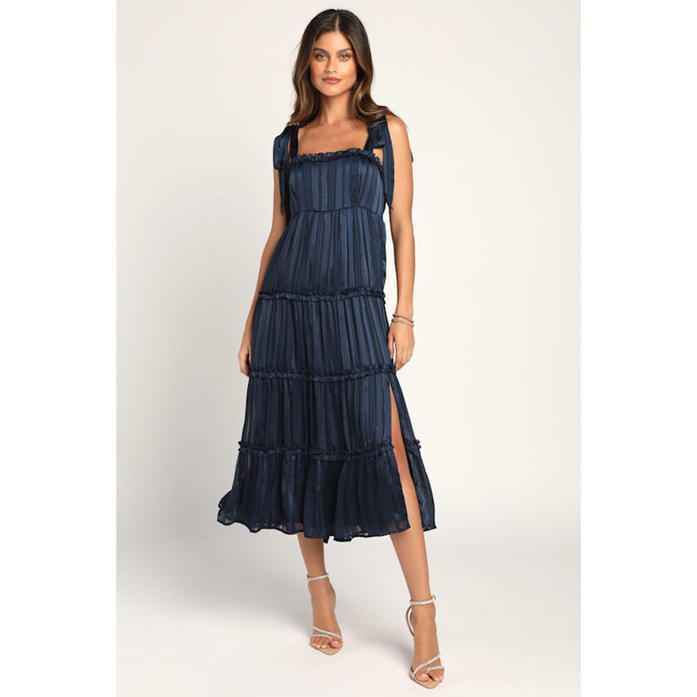 Lulus Day For Romance Navy Blue Tie-strap Tiered Midi Dress - Size XL